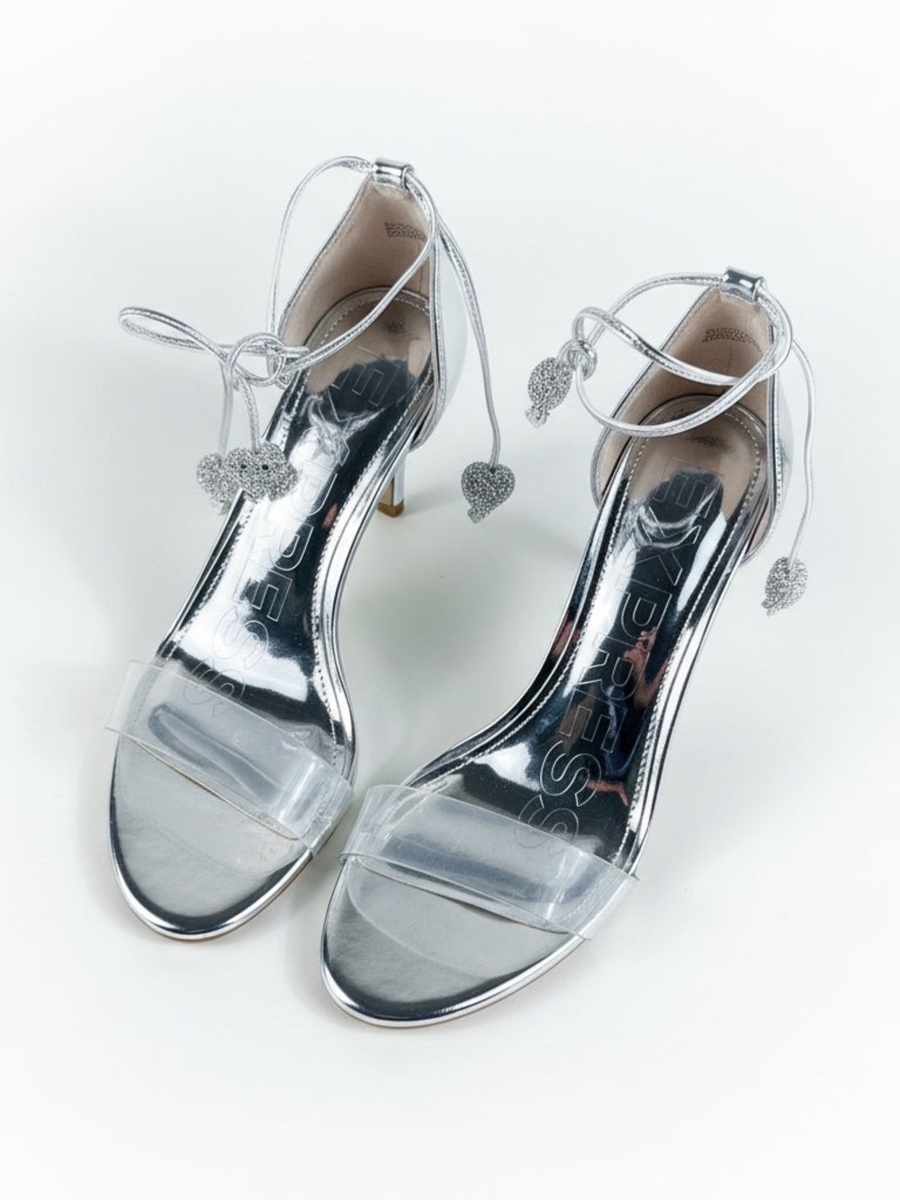Express Acrylic Strap Silver Ankle-Tie Heels